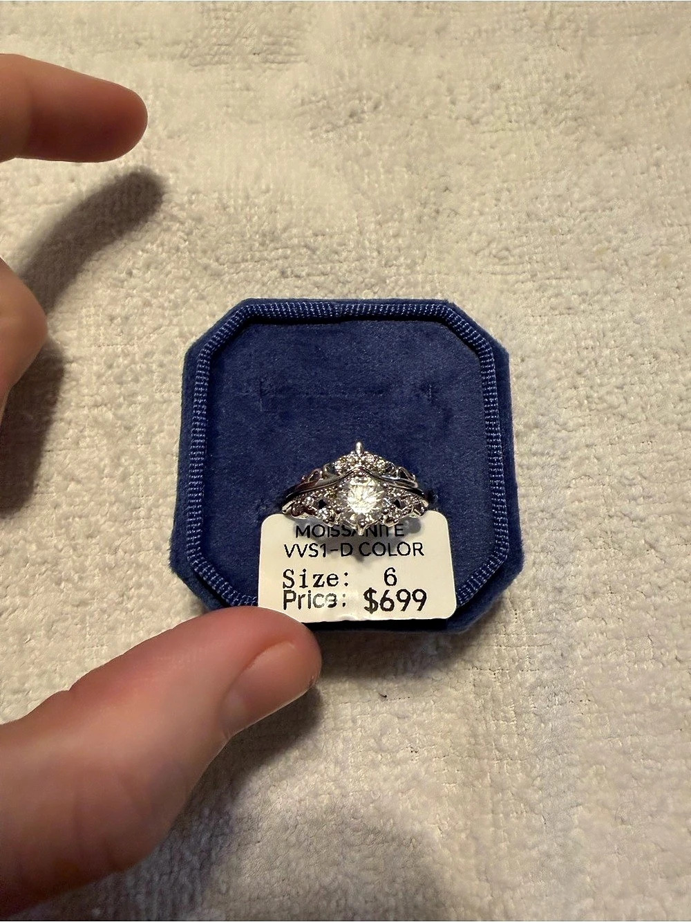 1.2 Carat Mossanite VVS1-D Color Ring Silver with matching band Size 6